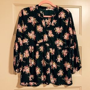 3/$20 - Black Floral Babydoll Blouse (LongSleeve)